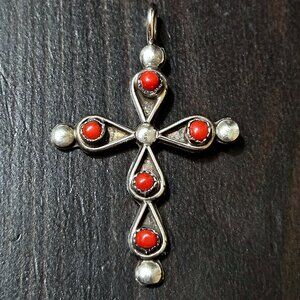 Vintage Native American Sterling Silver Snake Eye Red Coral Cross Pendant